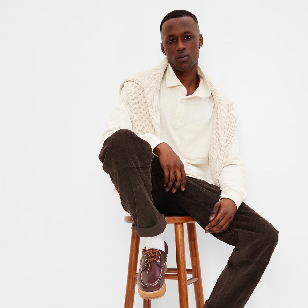 GAP Slub Pocket Polo Shirt - Long Sleeve - Birch - Size Medium